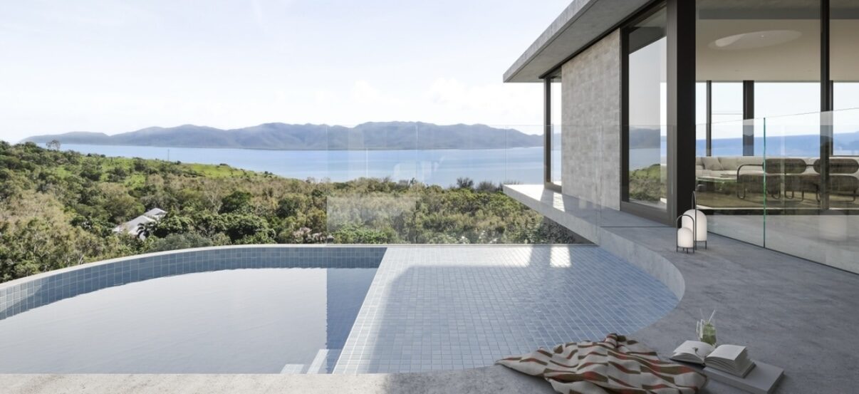 Concept for Lot 6: a curved pool terrace looking across bushland to Magnetic Island