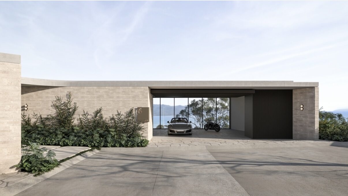 Concept for Lot 6: stone entry court with glazed garage framing the sea