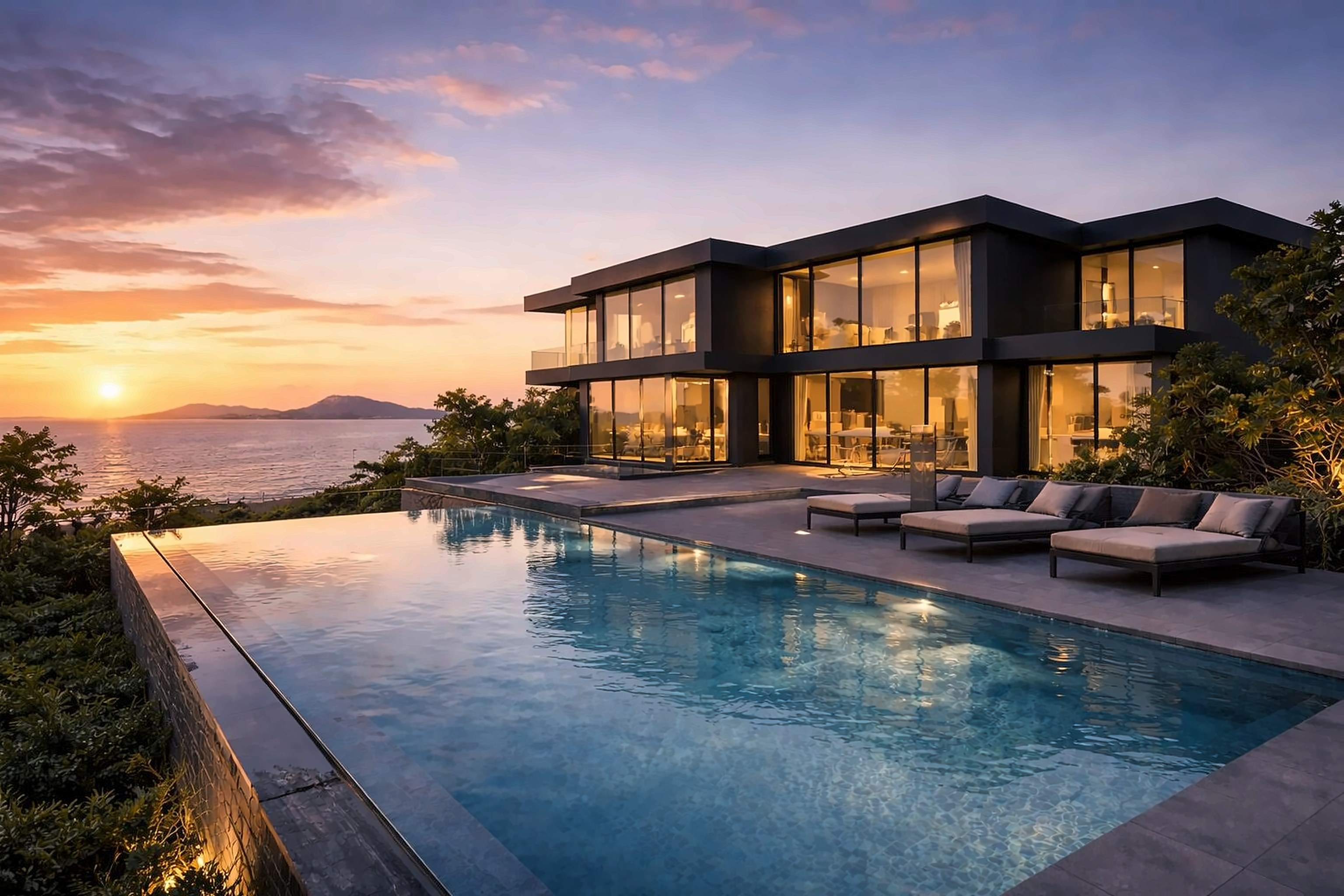 Concept home with an infinity pool above the sea, shown from sunrise through to a starry night