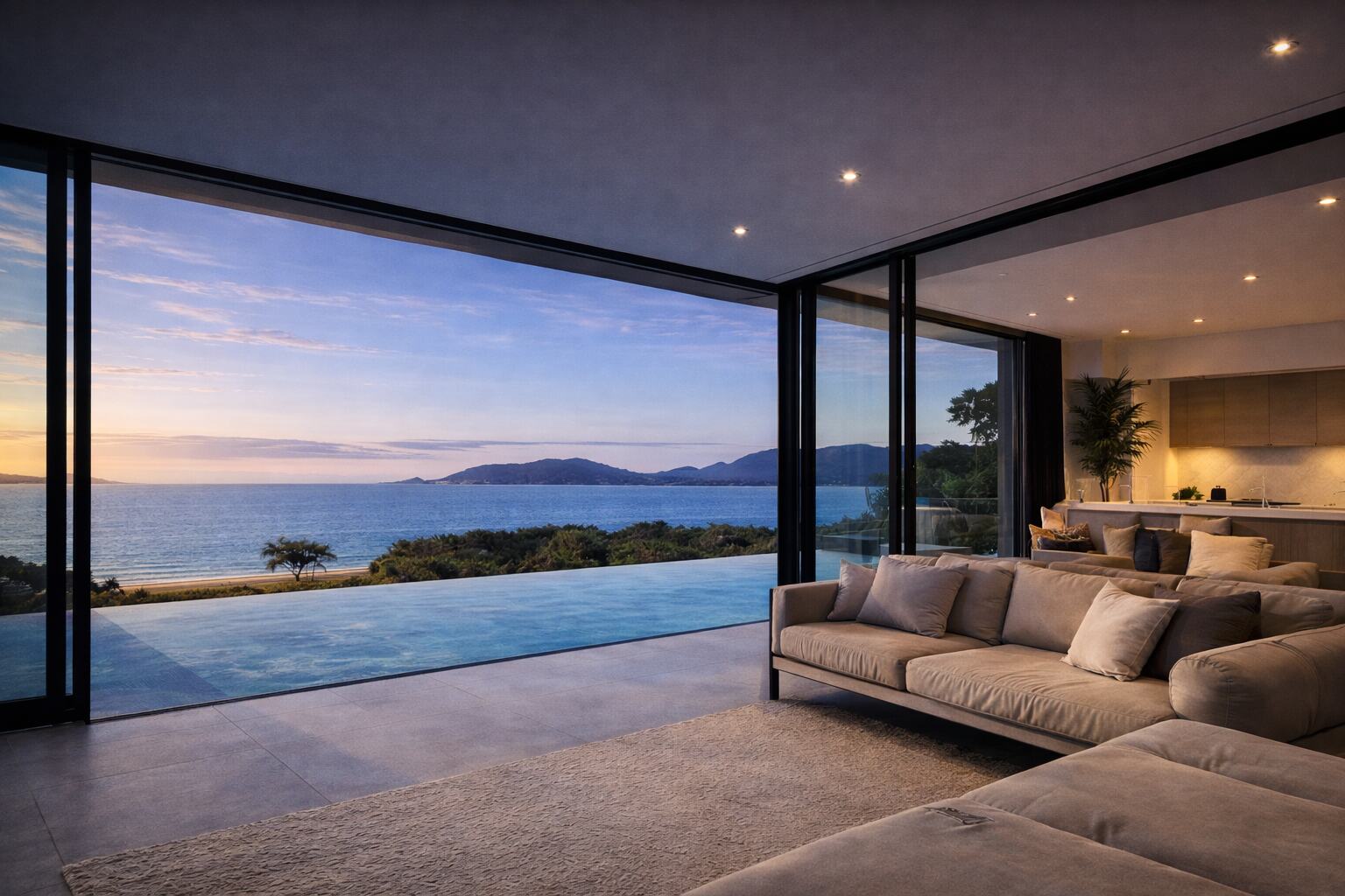 Living room opening onto a pool and the island at dusk