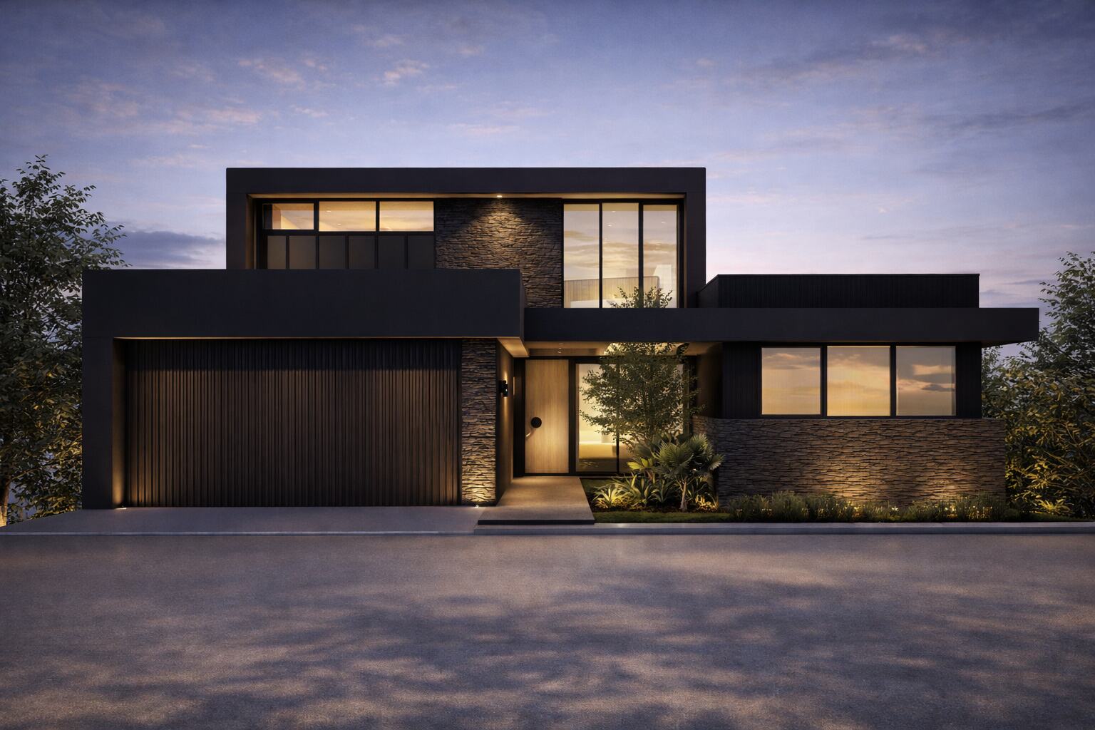 Street front of a concept home in dark cladding and stone