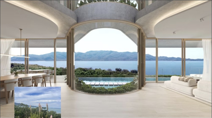 Concept living room opening through an arched glass wall to a pool, bushland and Magnetic Island