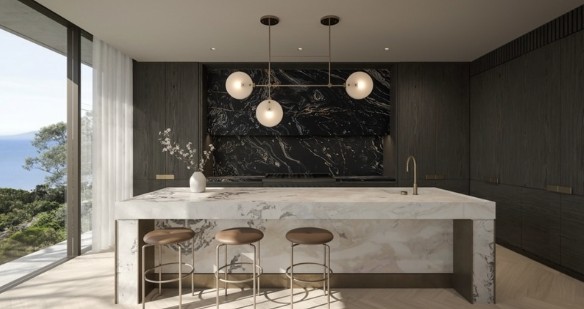Concept for Lot 6: kitchen with a marble island and pendant lights, the sea beyond