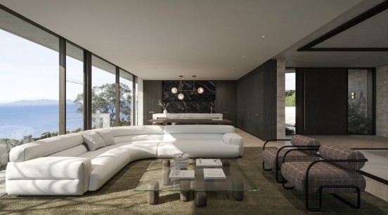Concept for Lot 6: living room with a curved sofa and glass walls to the island