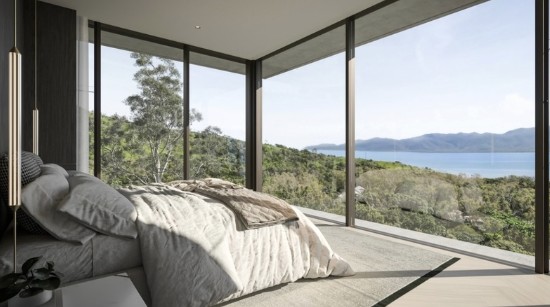 Concept for Lot 6: bedroom with floor-to-ceiling glass looking over bushland to the sea