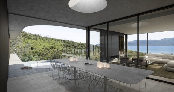 Concept for Lot 6: dining room under a skylight, opening to the pool terrace