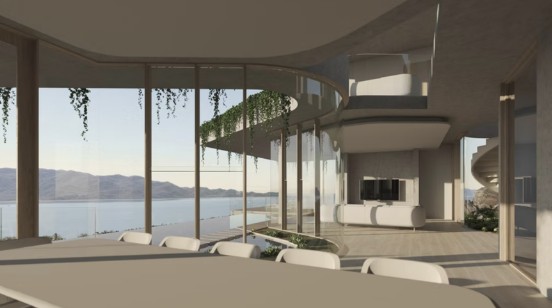 Concept for Lot 5: dining room with curved glass walls looking to the island
