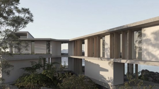 Concept for Lot 5: two pavilions linked by a bridge among the trees