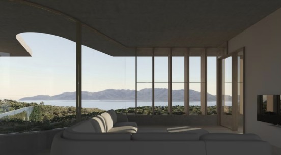 Concept for Lot 5: lounge room with a long sofa facing the sea