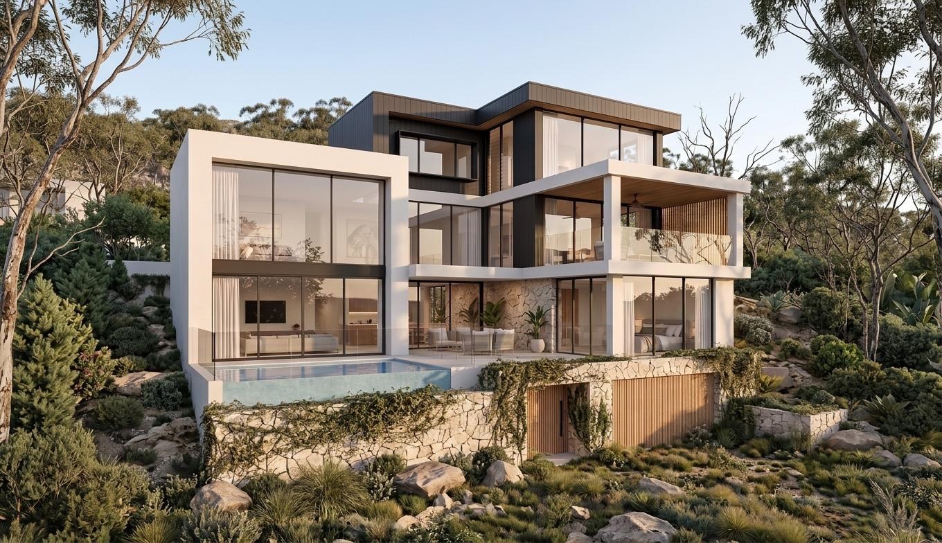 Rear of a three-level concept home with an infinity pool set into the hillside